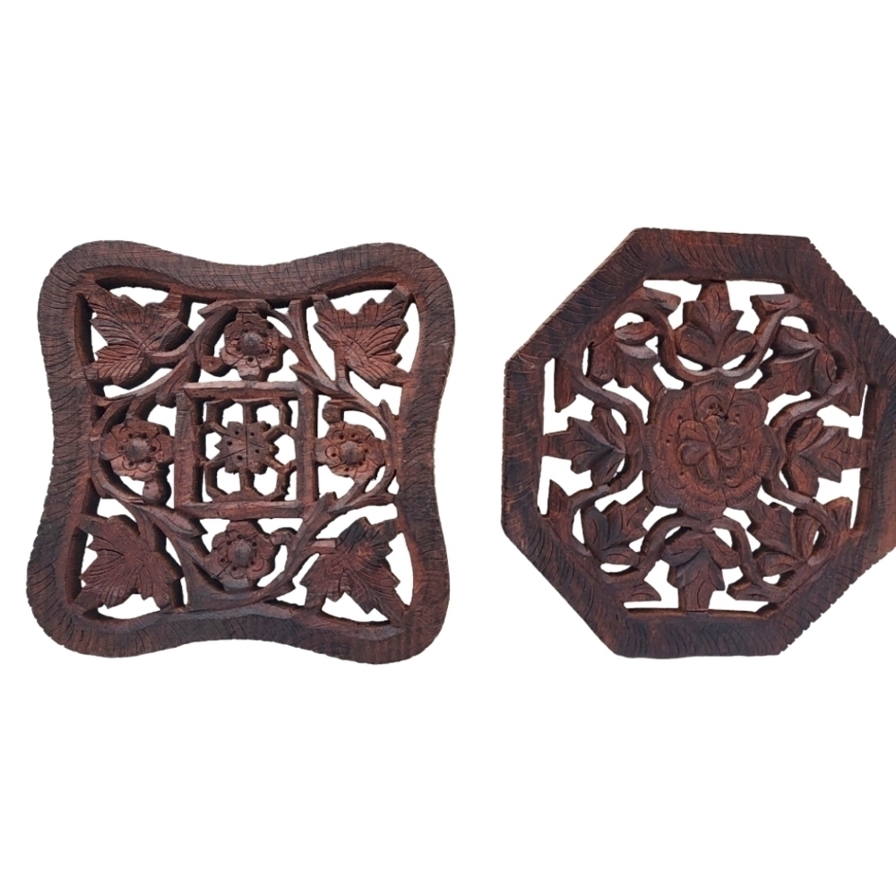 2 Piece vintage Carved Teak trivet
